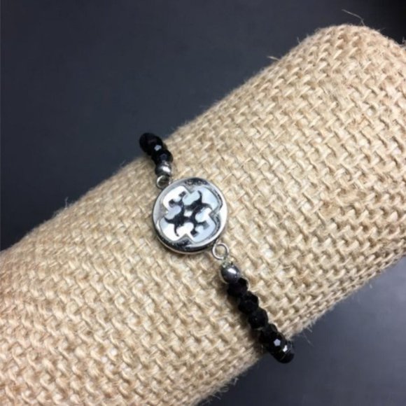 Jewelry - MOP Stretch Bracelet Silver Design Black Faceted Beads Mother Of Pearl Retro